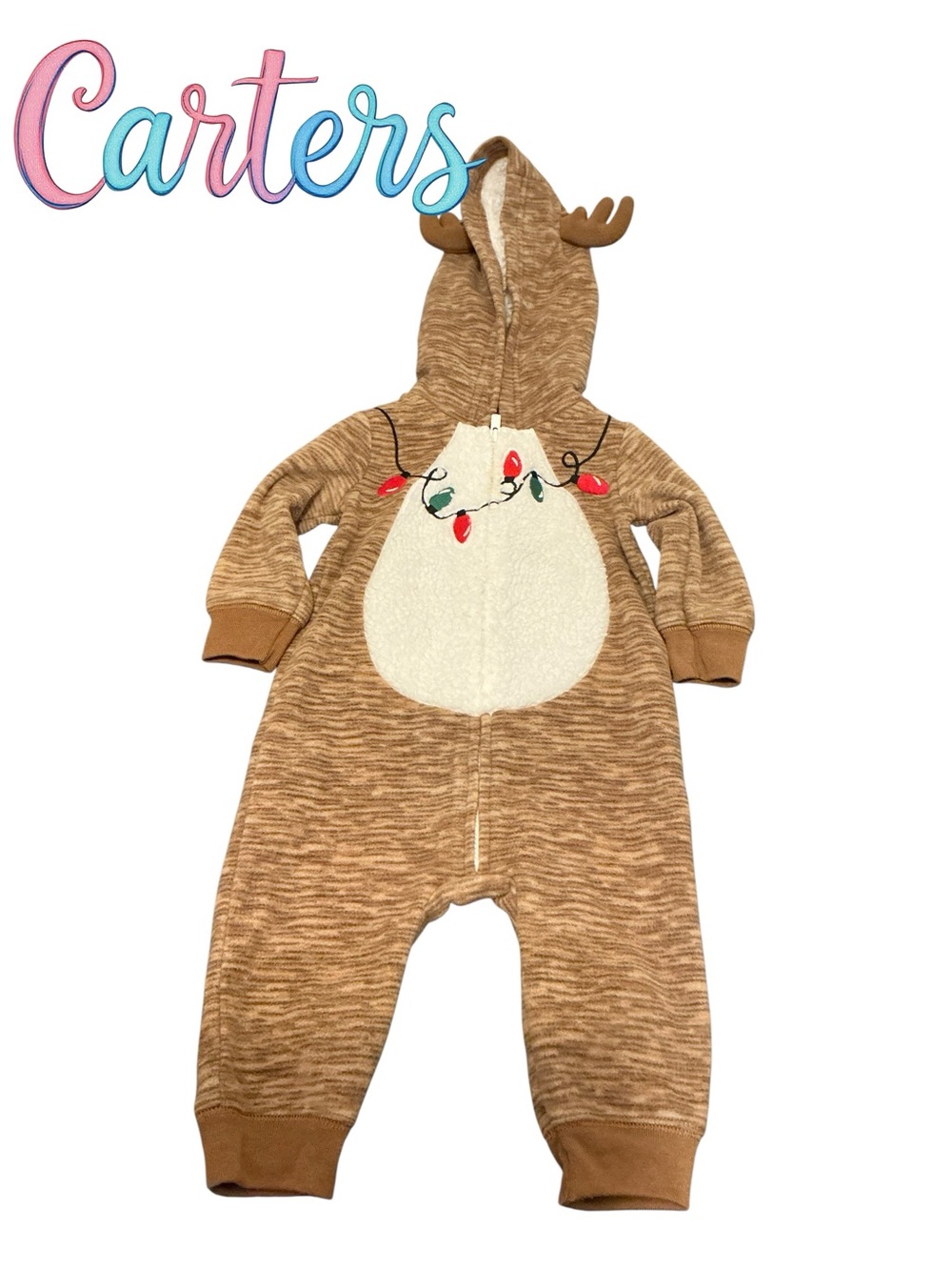 Carter's Brown Reindeer Hooded One-Piece with Ivory Belly and Festive Lights